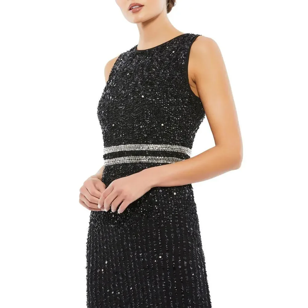 MAC DUGGAL 10509 Sleeveless High Neck Beaded Midi Sheath Dress Black 6 NEW_4
